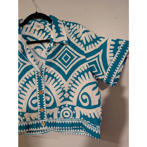 Women's Haute Hippie Button Down Shirt M White Teal Linen Blend - Picture 2 of 5